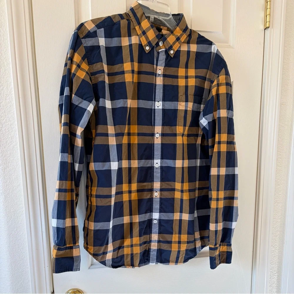 J Crew Long-sleeved Plaid Shirt in Navy and Gold, large
